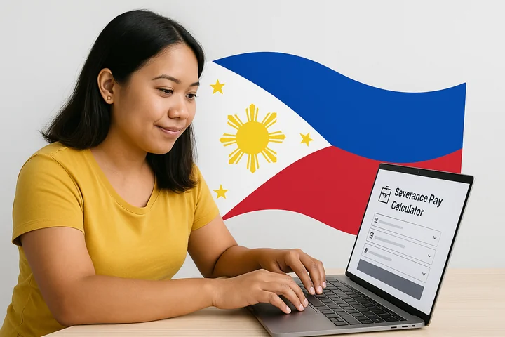 Babaeng Pilipina na Gumagamit ng Separation Pay Calculator Isang babaeng Pilipina ang gumagamit ng laptop upang kalkulahin ang kanyang separation pay para sa mga dayuhang manggagawa sa Korea. Nasa likuran ang watawat ng Pilipinas.