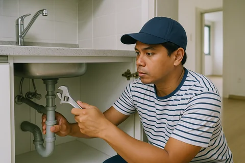Filipino Labor Context Filipino worker fixing sink pipes – labor and life challenges in Korea