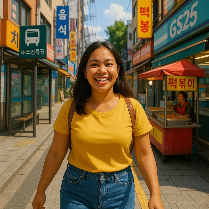 Araw-araw na buhay ng isang Pilipina sa Korea. Isang Pilipinang naglalakad sa masiglang kalye sa Korea, malapit sa hintuan ng bus at mga tindahan.