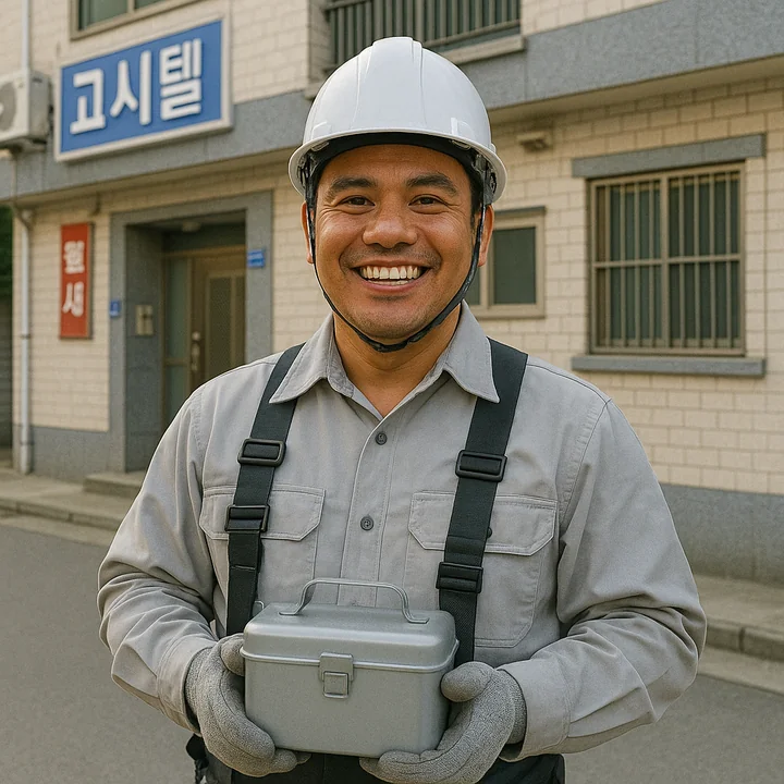 filipino_worker_housing_in_korea A Filipino worker in a helmet standing in front of a shared housing building in Korea.