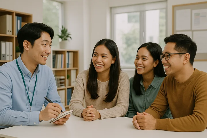 Guidance and Support for Filipinos in Korea A Korean staff member helping three Filipinos at a community center