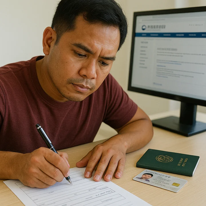 visa_documents_filipino_in_korea A Filipino man filling out a visa application at a Korean government office desk.
