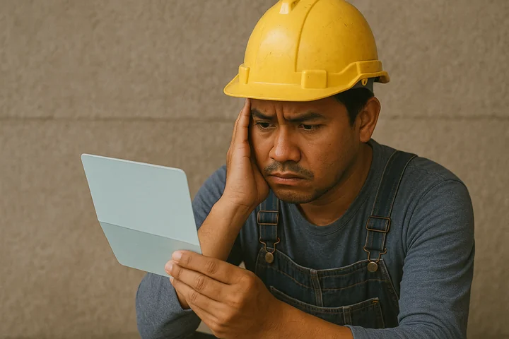 worried_worker_unpaid_wages A worried construction worker looking at a wage document