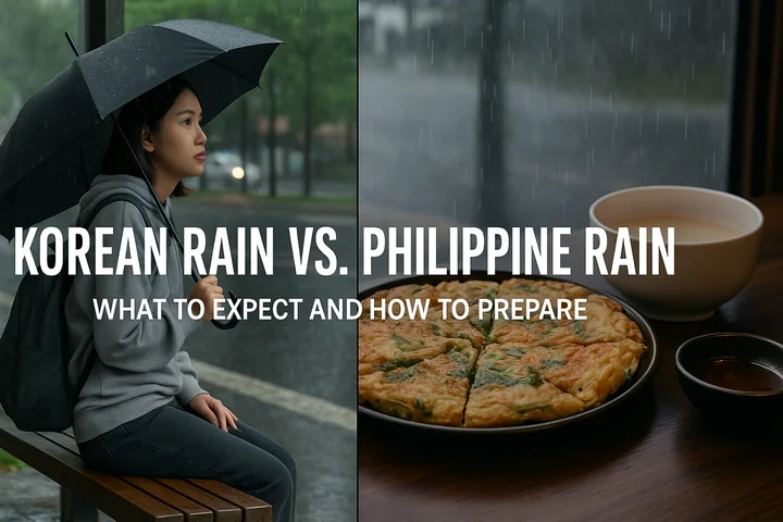 A Filipino woman sitting under an umbrella in Korea next to Korean food on a rainy day, comparing rain culture in Korea and the Philippines.